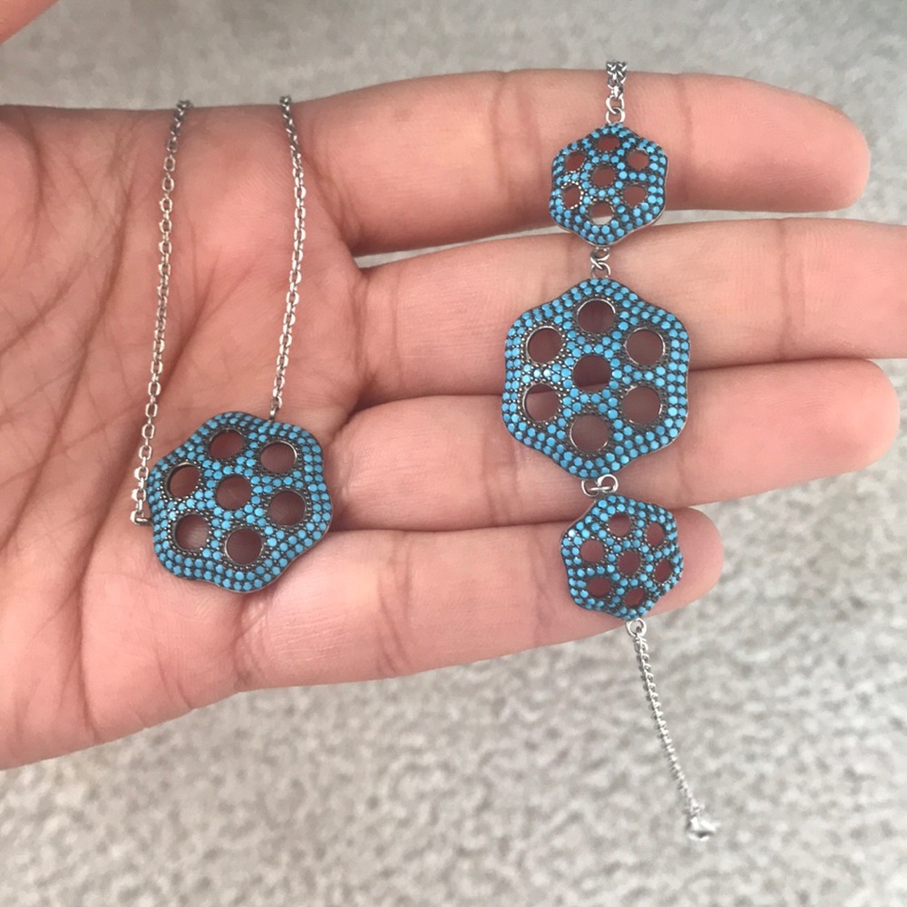 Turquoise seven eye silver necklace & bracelet set
